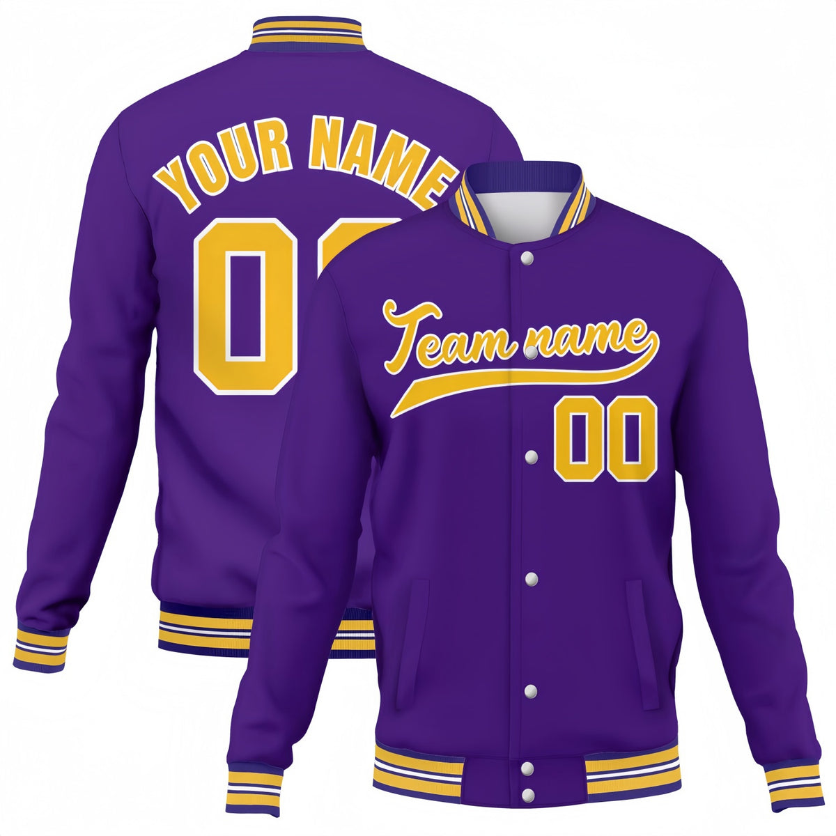 Custom purple-gold stitched varsity baseball jacket by Vosoli | Personalized team name &amp; number button-front jacket for youth &amp; adults