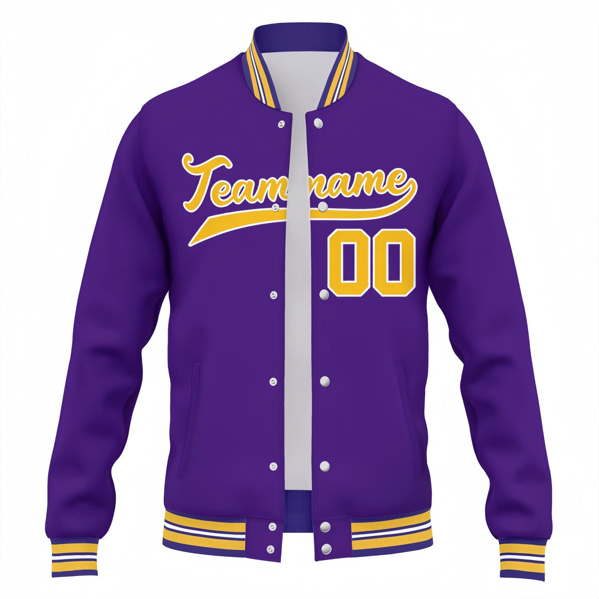 Custom Purple & Gold Varsity Baseball Jacket | Personalized Team Name & Number
