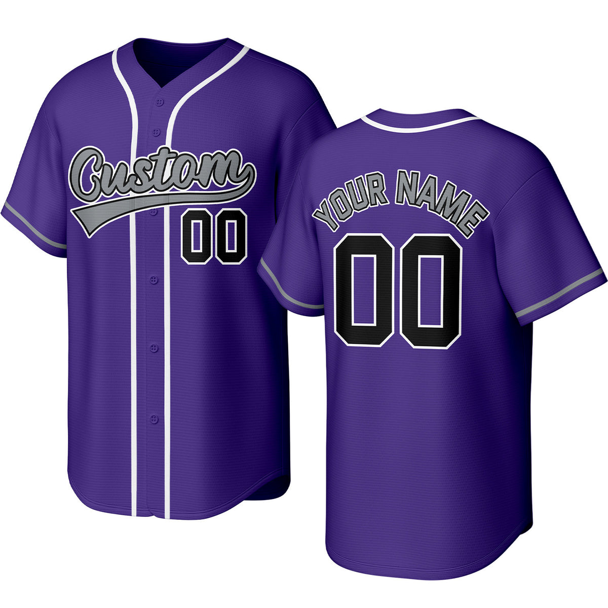 Custom purple, gray &amp; black baseball jersey with stitched logo, personalized name &amp; number, button-front short-sleeve sports uniform for team men women youth game practice - Vosoli