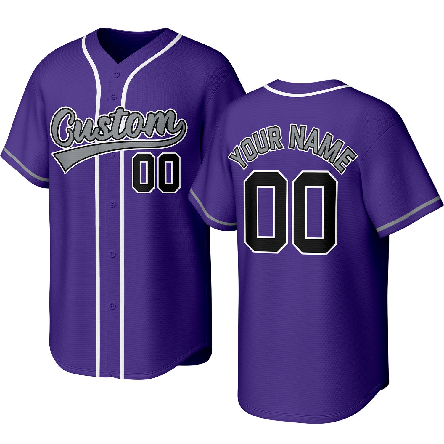 Custom purple, gray & black baseball jersey with stitched logo, personalized name & number, button-front short-sleeve sports uniform for team men women youth game practice - Vosoli