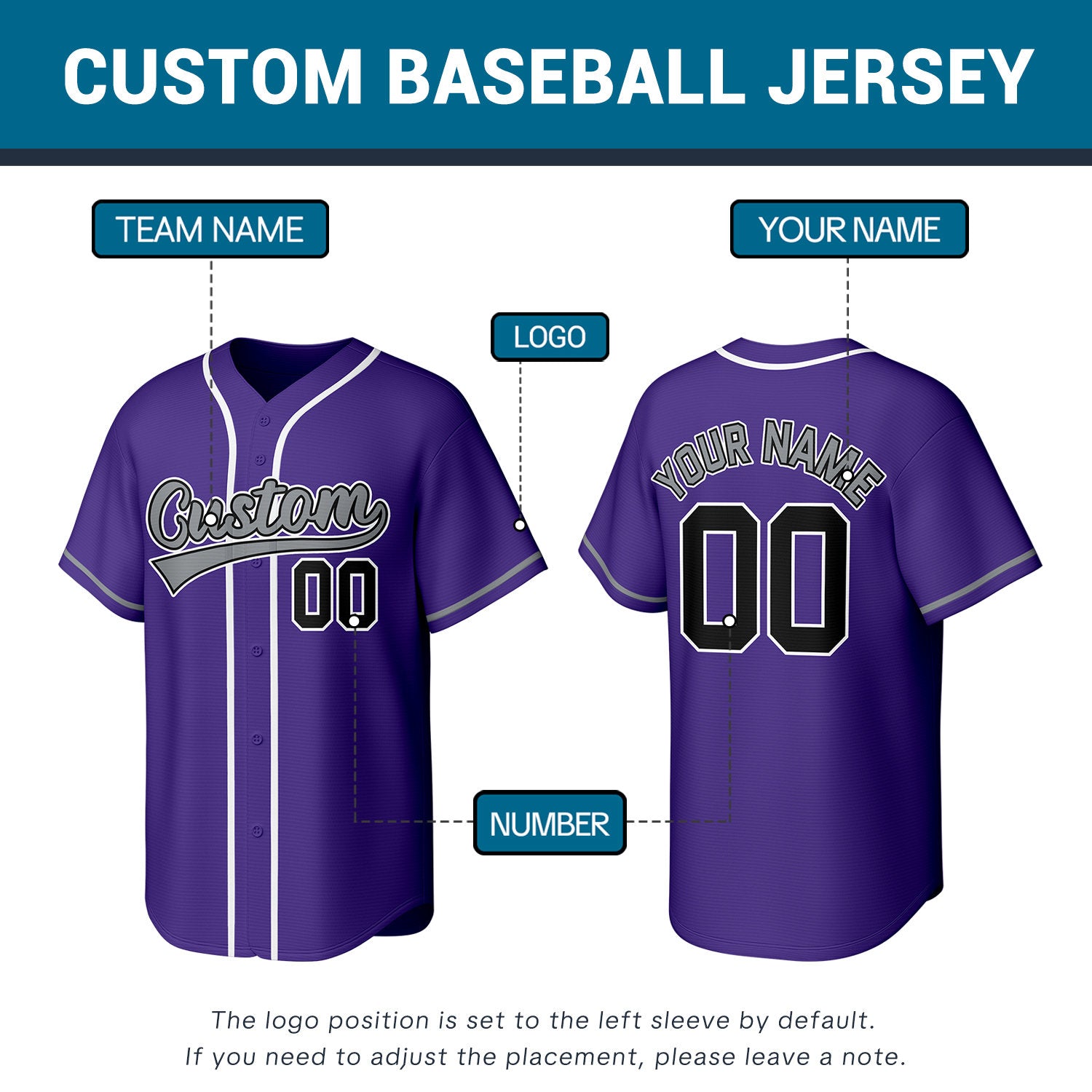 Custom Stitched Baseball Jersey Purple Gray Black | Personalized Name & Number | Team Uniform