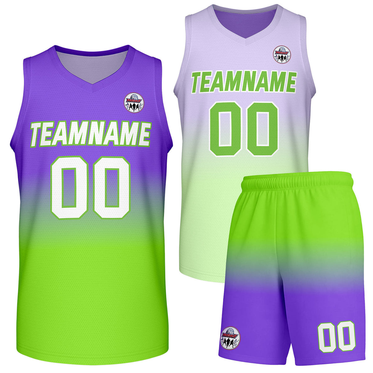 Custom purple-to-green gradient basketball uniform set, personalized team name number logo breathable mesh sports jersey and shorts for men women youth game practice - Vosoli