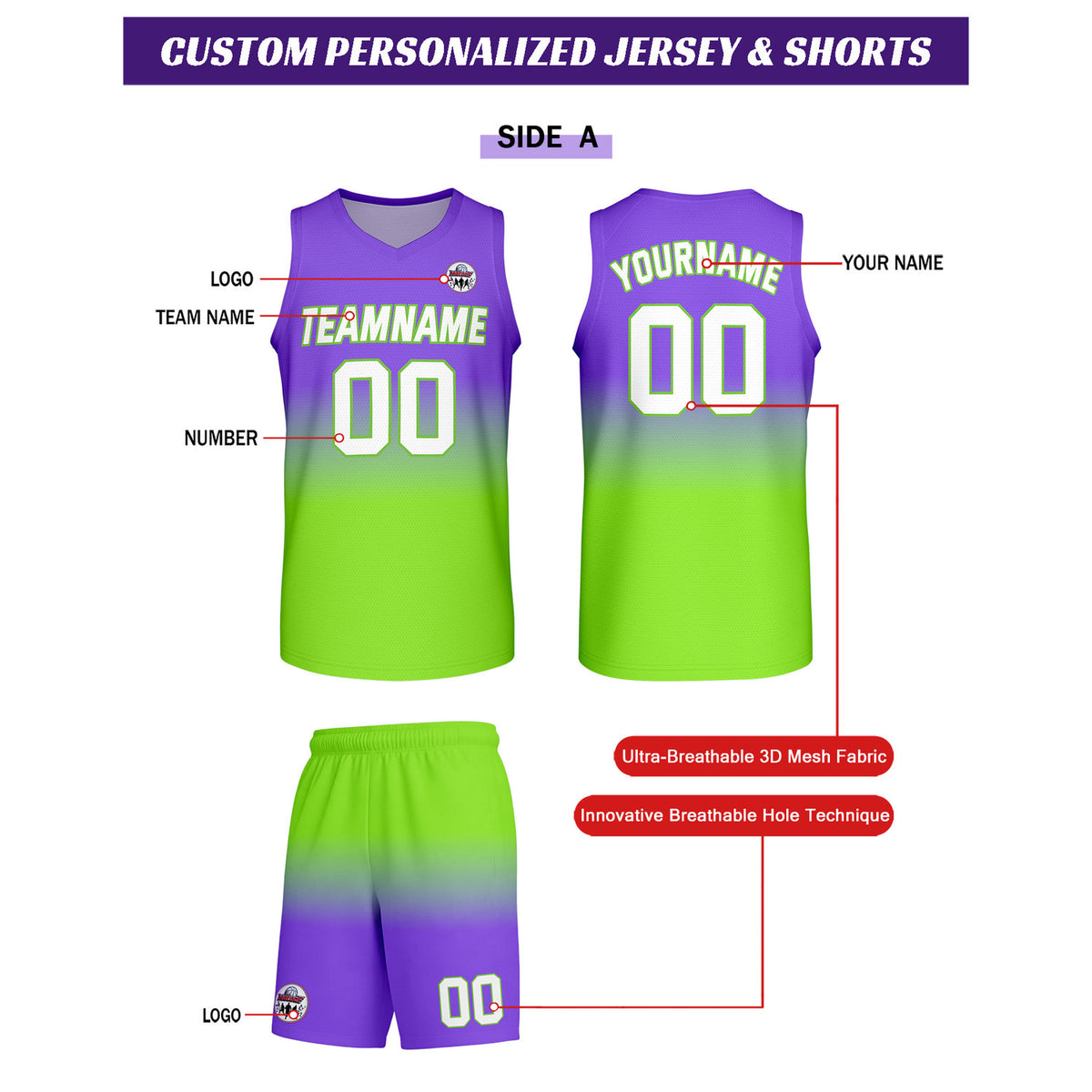 Custom Purple-Green Gradient Basketball Uniform Set | Personalized Team Name & Number - Vosoli