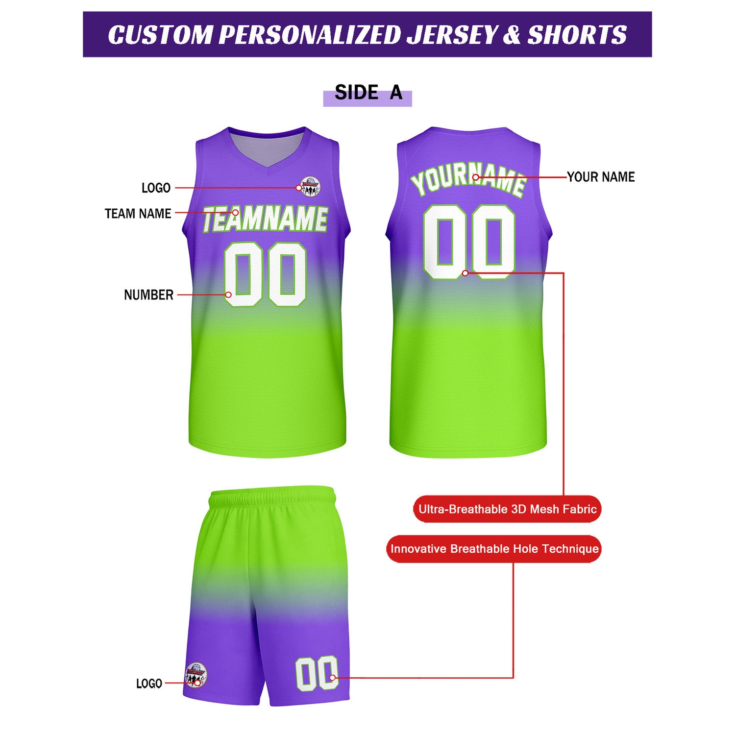 Custom purple-to-green gradient basketball uniform set, personalized team name number logo breathable mesh sports jersey and shorts for men women youth game practice - Vosoli