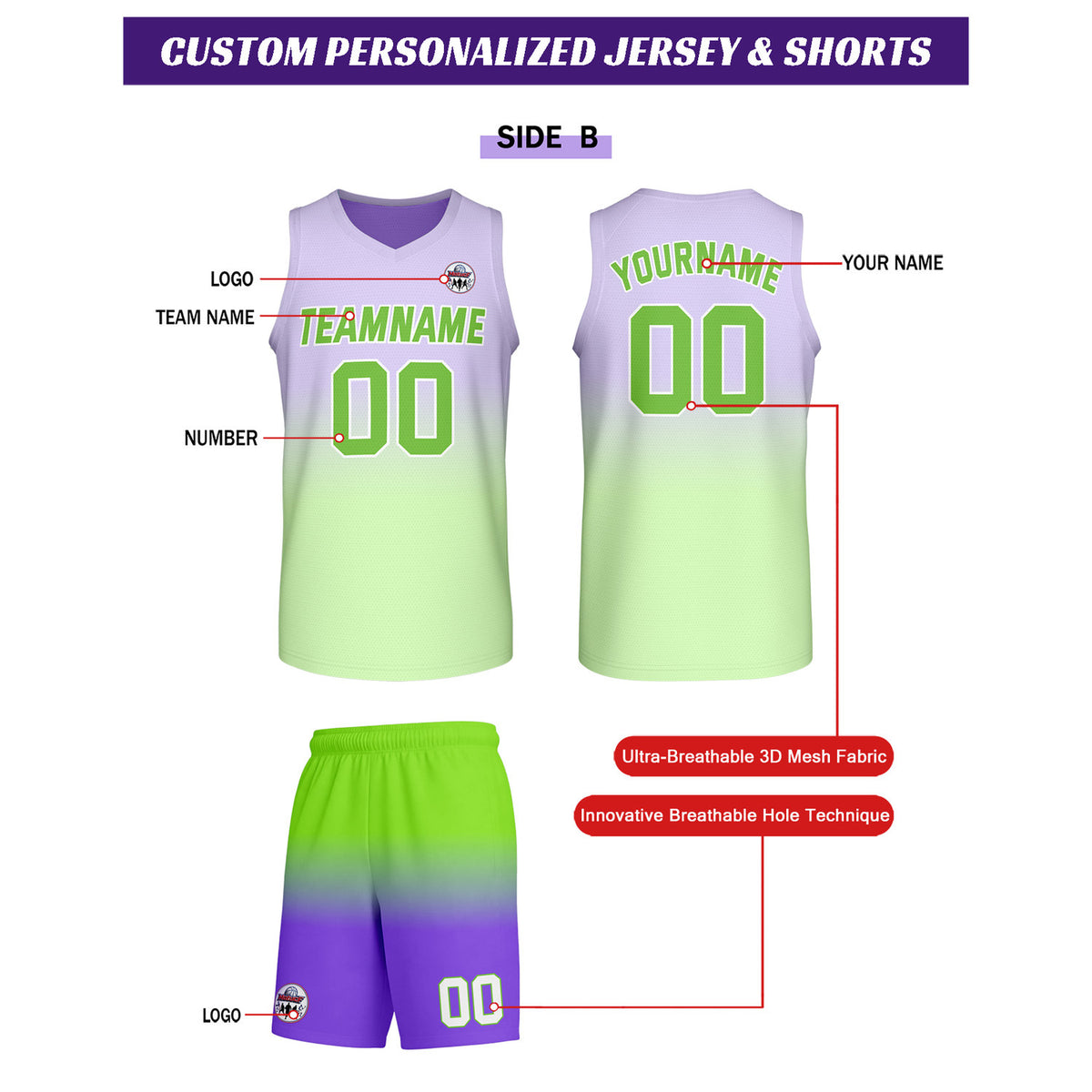 Custom Purple-Green Gradient Basketball Uniform Set | Personalized Team Name & Number - Vosoli
