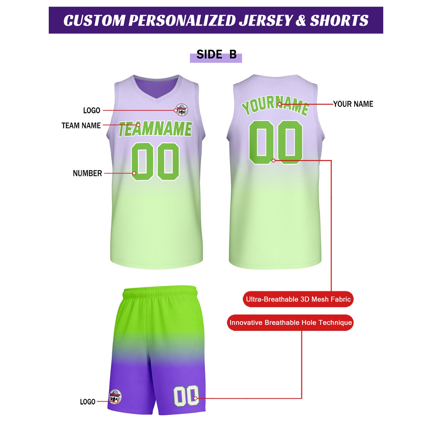 Custom Purple-Green Gradient Basketball Uniform Set | Personalized Team Name & Number - Vosoli