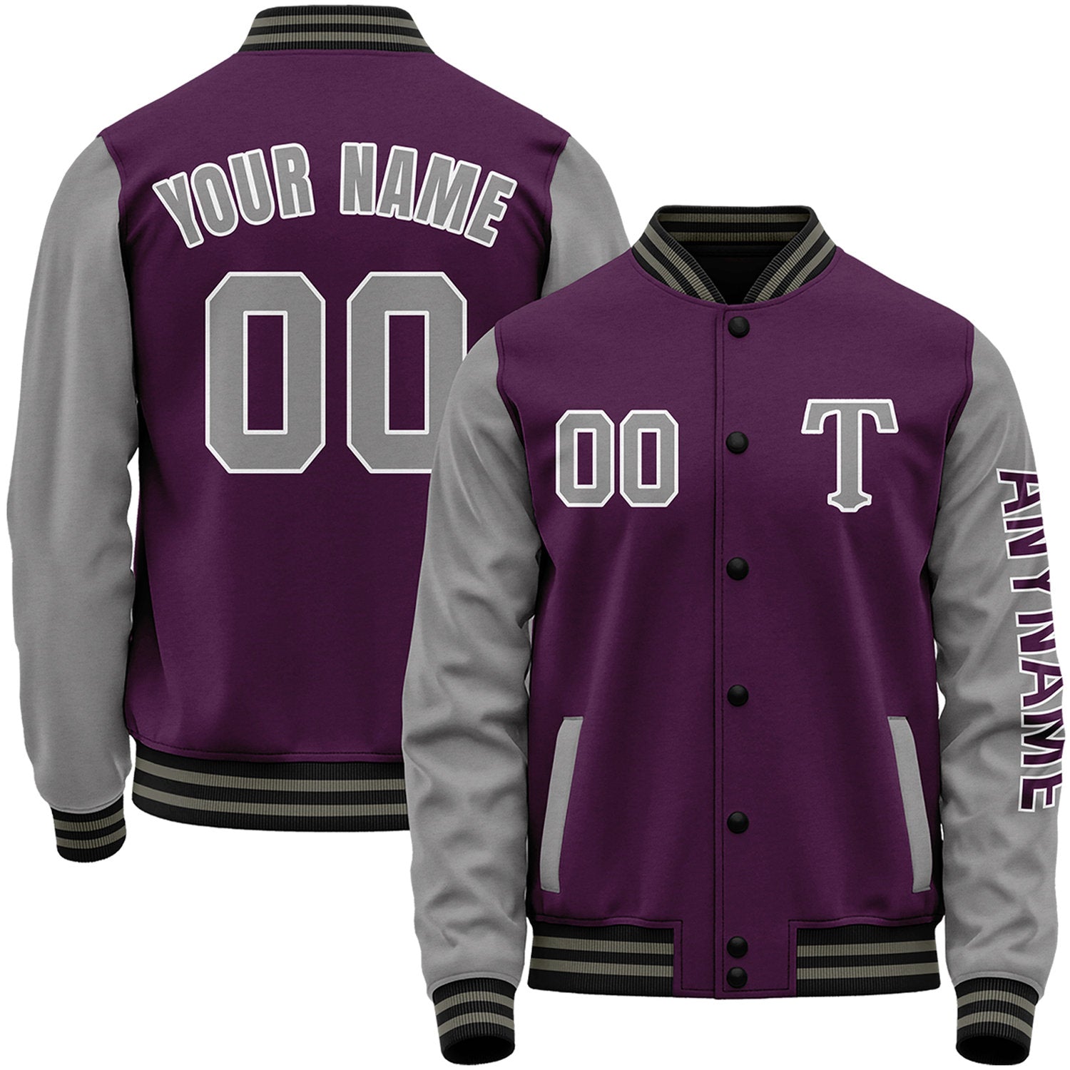 Custom purple and grey team baseball varsity jacket by Vosoli with stitched name, number and logo. Classic varsity jacket for baseball and casual wear.
