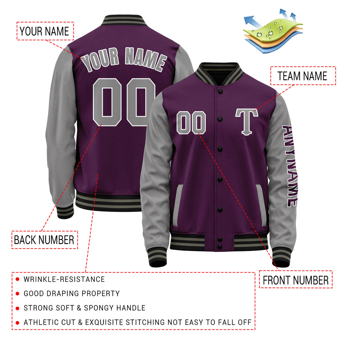 Custom Purple & Grey Varsity Letterman Jacket | Personalized Baseball Bomber Coat for Adult & Youth