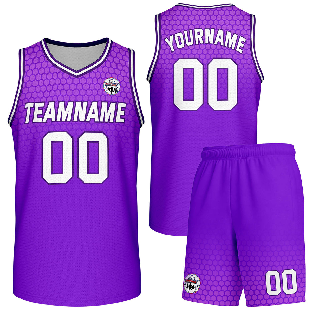 Custom purple honeycomb-pattern basketball uniform set, personalized team name number logo breathable mesh jersey and shorts men women youth game practice - Vosoli
