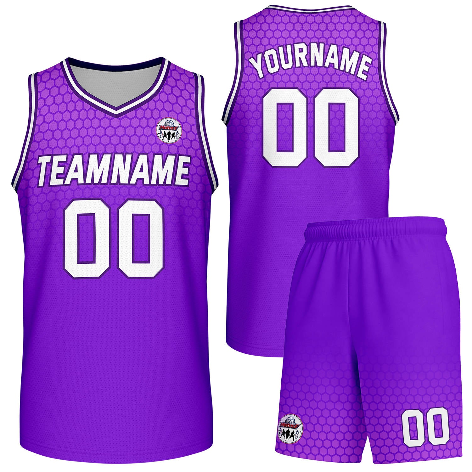 Custom purple honeycomb-pattern basketball uniform set, personalized team name number logo breathable mesh jersey and shorts men women youth game practice - Vosoli