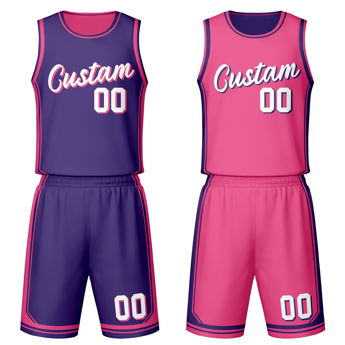 Custom purple &amp; hot pink reversible basketball jersey set with shorts by Vosoli | Personalized team name, number &amp; logo | Breathable mesh sport jersey uniform