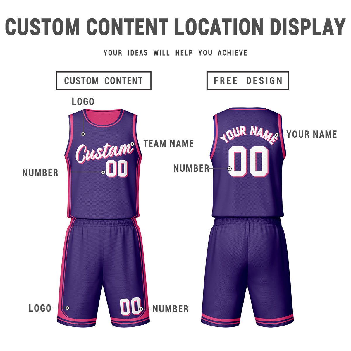 Custom Purple Hot Pink Reversible Basketball Jersey Set | Personalized Name Number Mesh Sports Uniform
