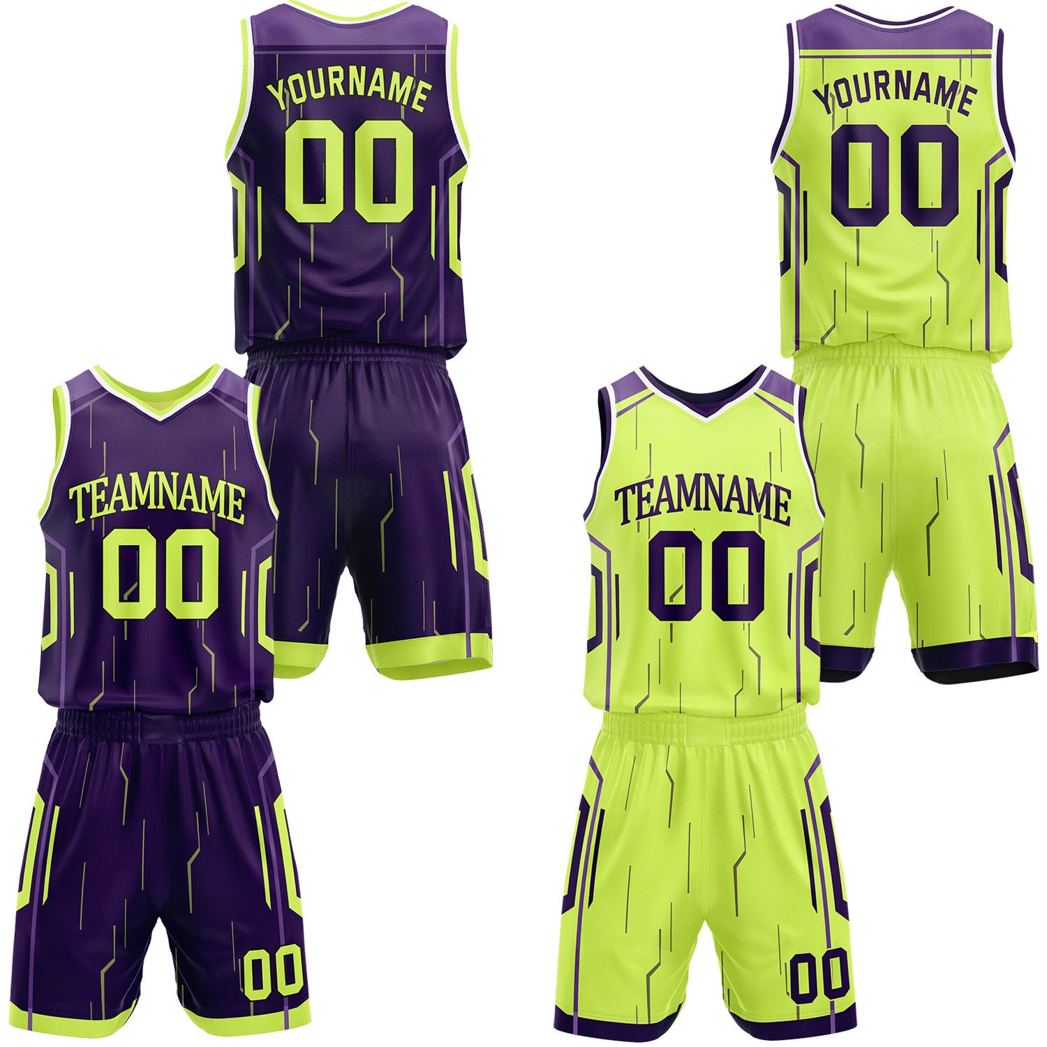 Custom purple & lime reversible basketball jersey shorts set by Vosoli | Personalized block team name number tech geometric uniform sportswear