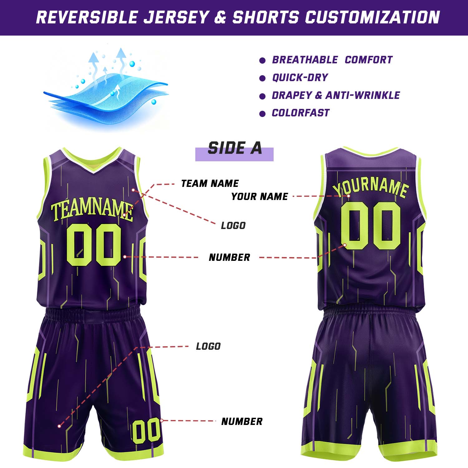 Custom Purple & Lime Reversible Geometric Basketball Jersey Shorts Set | Personalized Team Uniform