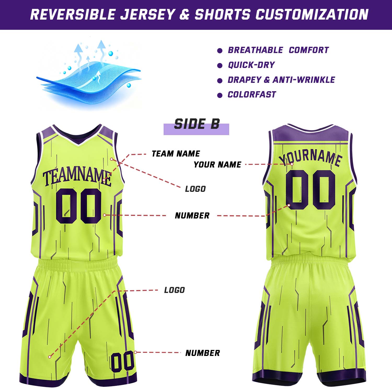 Custom Purple & Lime Reversible Geometric Basketball Jersey Shorts Set | Personalized Team Uniform