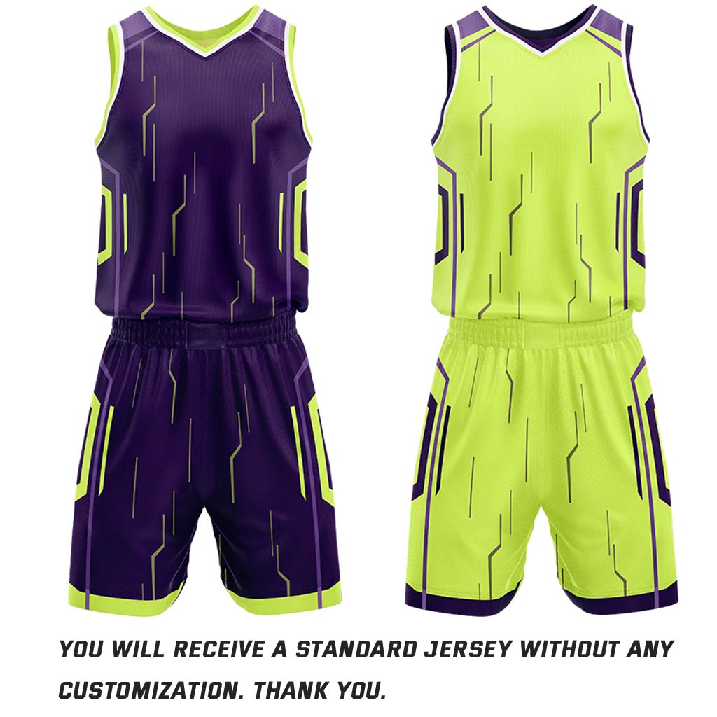 Custom Purple & Lime Reversible Geometric Basketball Jersey Shorts Set | Personalized Team Uniform