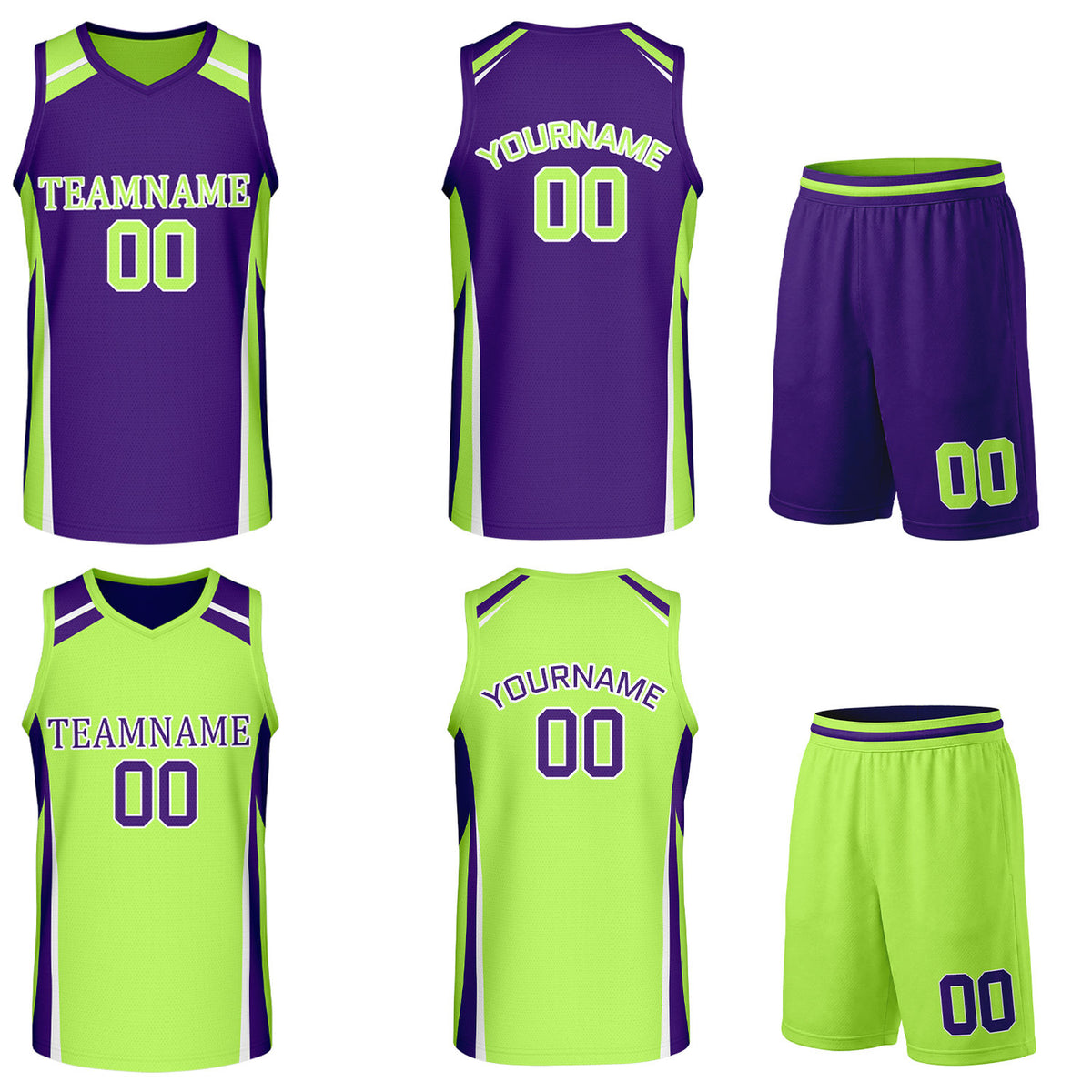 Custom purple and lime green reversible basketball uniform by Vosoli. Personalized with team name, number, and logo. Breathable mesh jersey and shorts for high school, college, and AAU teams.