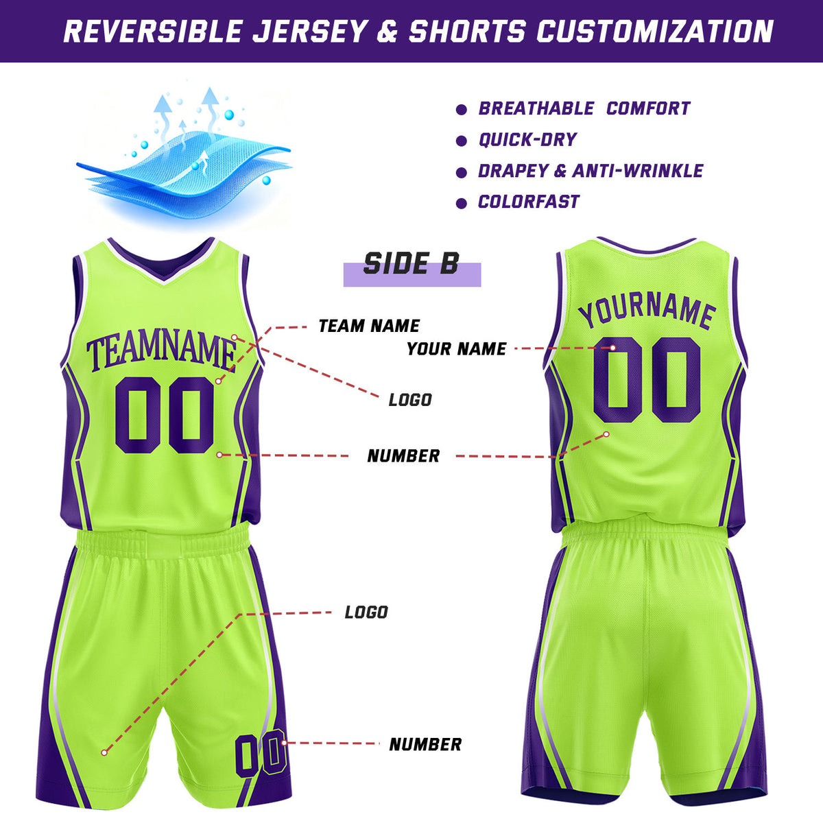 Custom Purple & Lime Green Reversible Geometric Basketball Jersey Shorts Set | Personalized Team Uniform