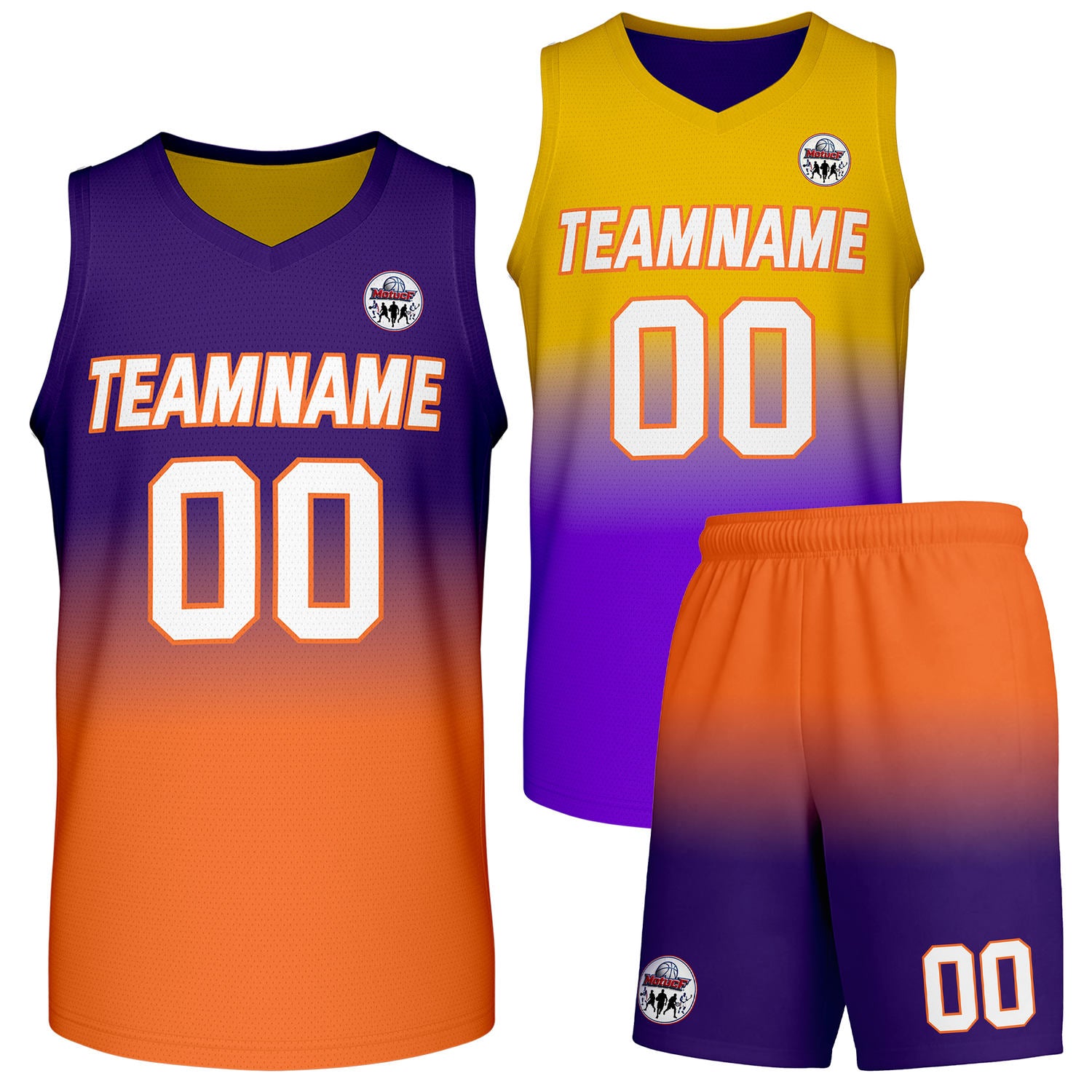 Custom purple-to-orange gradient basketball uniform set, personalized team name number logo breathable mesh sports jersey and shorts for men women youth game practice - Vosoli