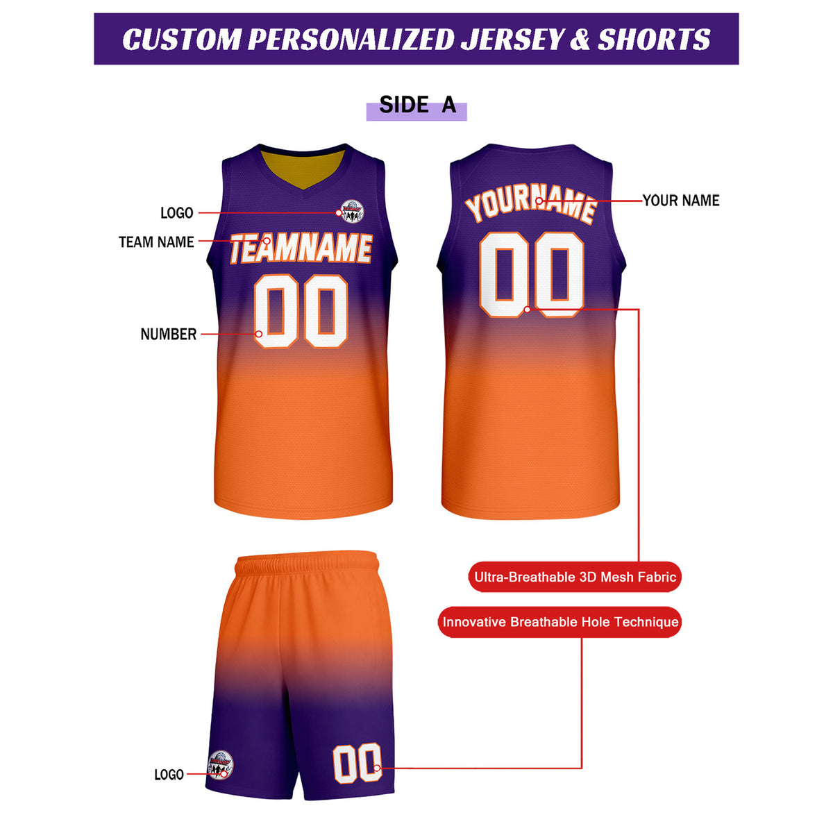 Custom Purple-Orange-Yellow Gradient Basketball Uniform Set | Personalized Team Name & Number - Vosoli