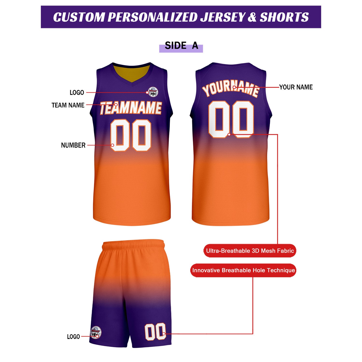 Custom purple-to-orange gradient basketball uniform set, personalized team name number logo breathable mesh sports jersey and shorts for men women youth game practice - Vosoli