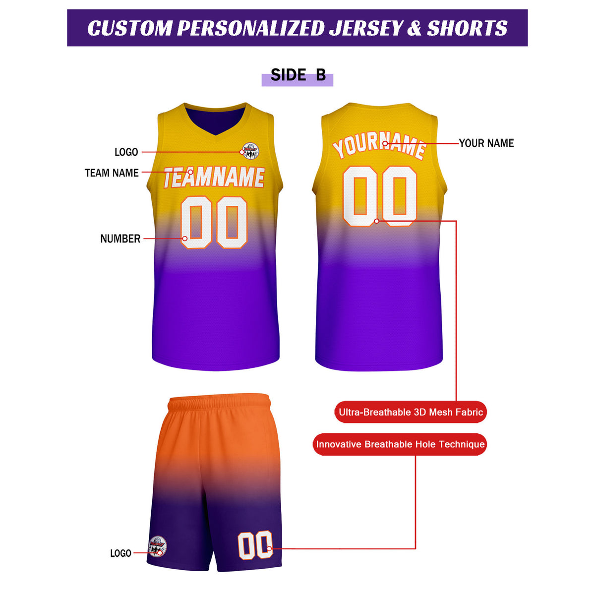 Custom Purple-Orange-Yellow Gradient Basketball Uniform Set | Personalized Team Name & Number - Vosoli