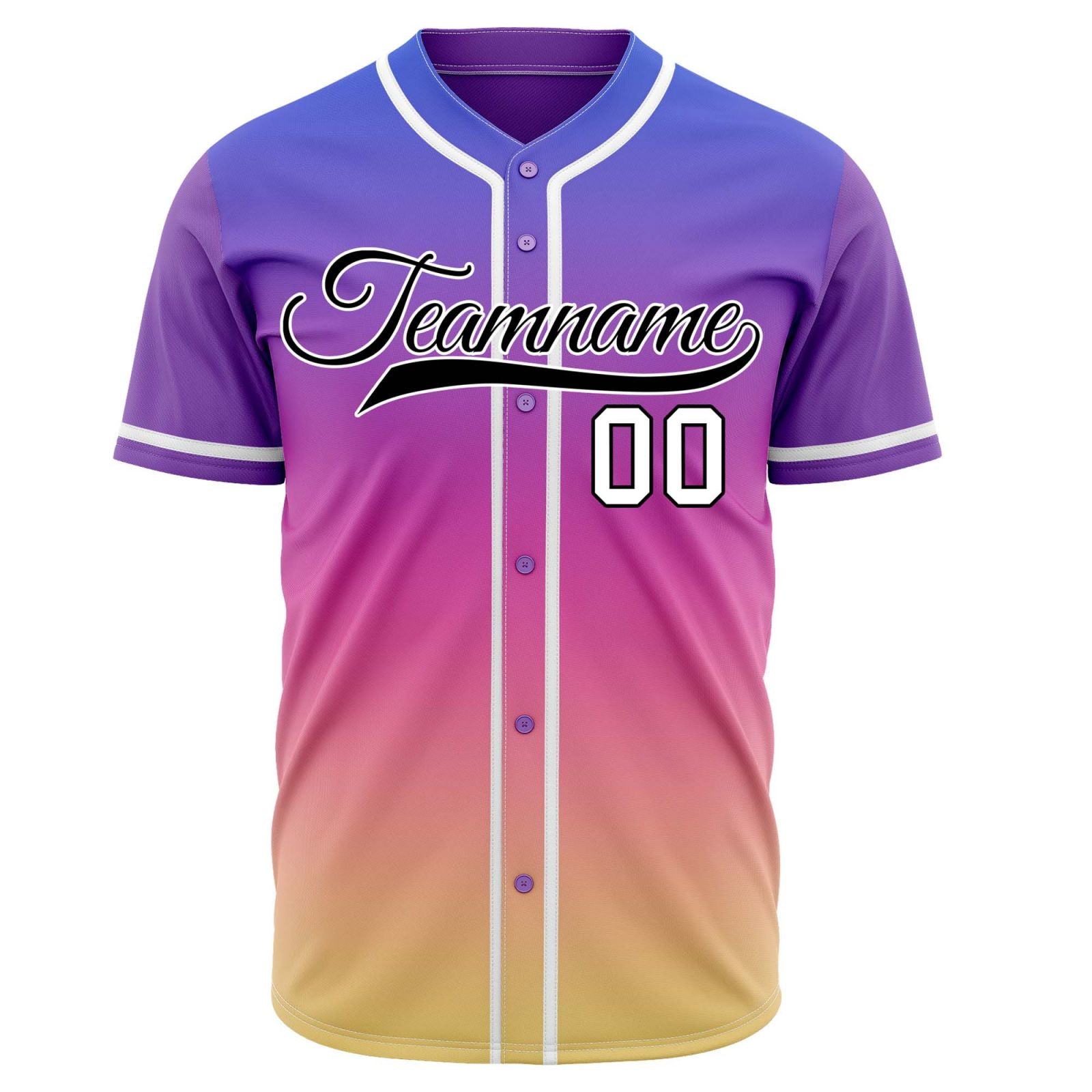 Custom purple-to-pink-to-gold gradient baseball jersey, personalized with team name and number logo, breathable fabric for men and women - Vosoli