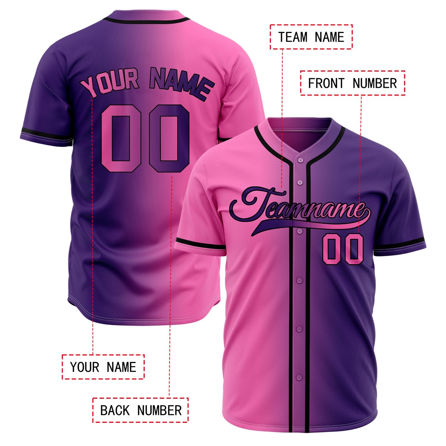 Custom Purple and Pink Gradient Baseball Jersey | Personalized Split Two-Tone Team Uniform