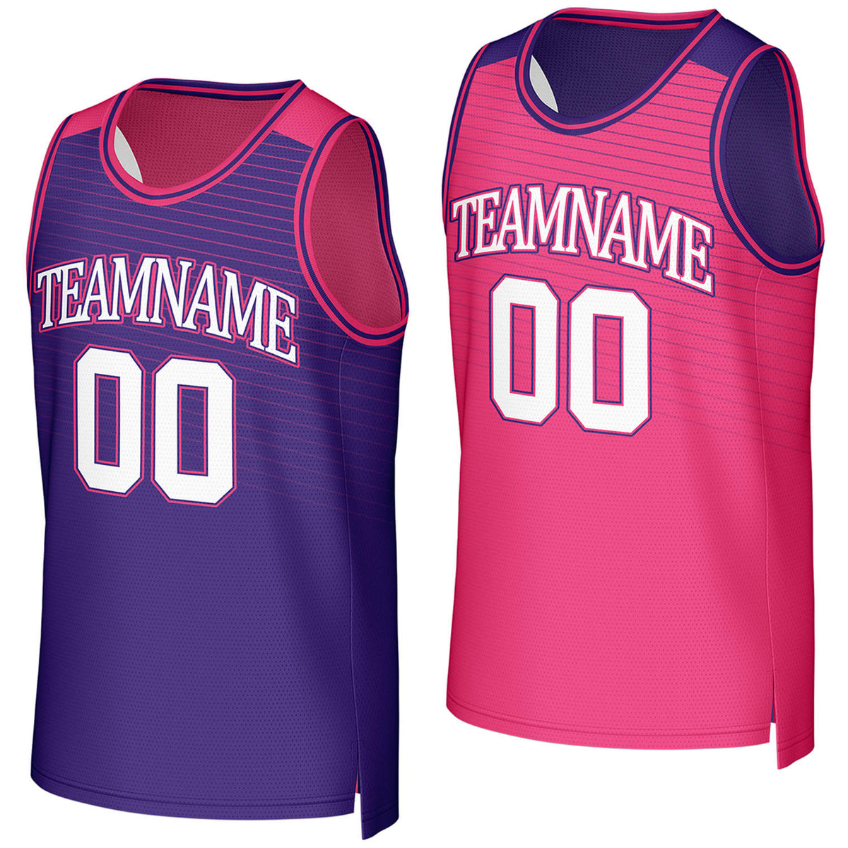 Custom purple & pink reversible basketball jersey by Vosoli. Personalized with team name, player name, number, and logo on both sides. Breathable mesh 2-in-1 jersey for high school, college, AAU teams.