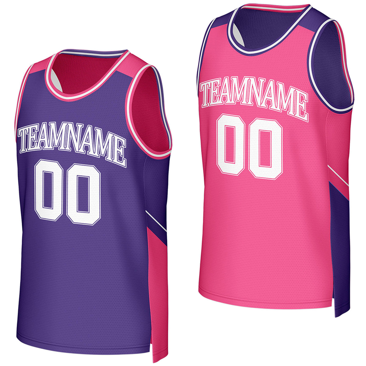 Custom purple & pink reversible basketball jersey by Vosoli. Personalized with team name, player name, number, and logo on both sides. Breathable mesh 2‑in‑1 jersey for high school, college, AAU teams.