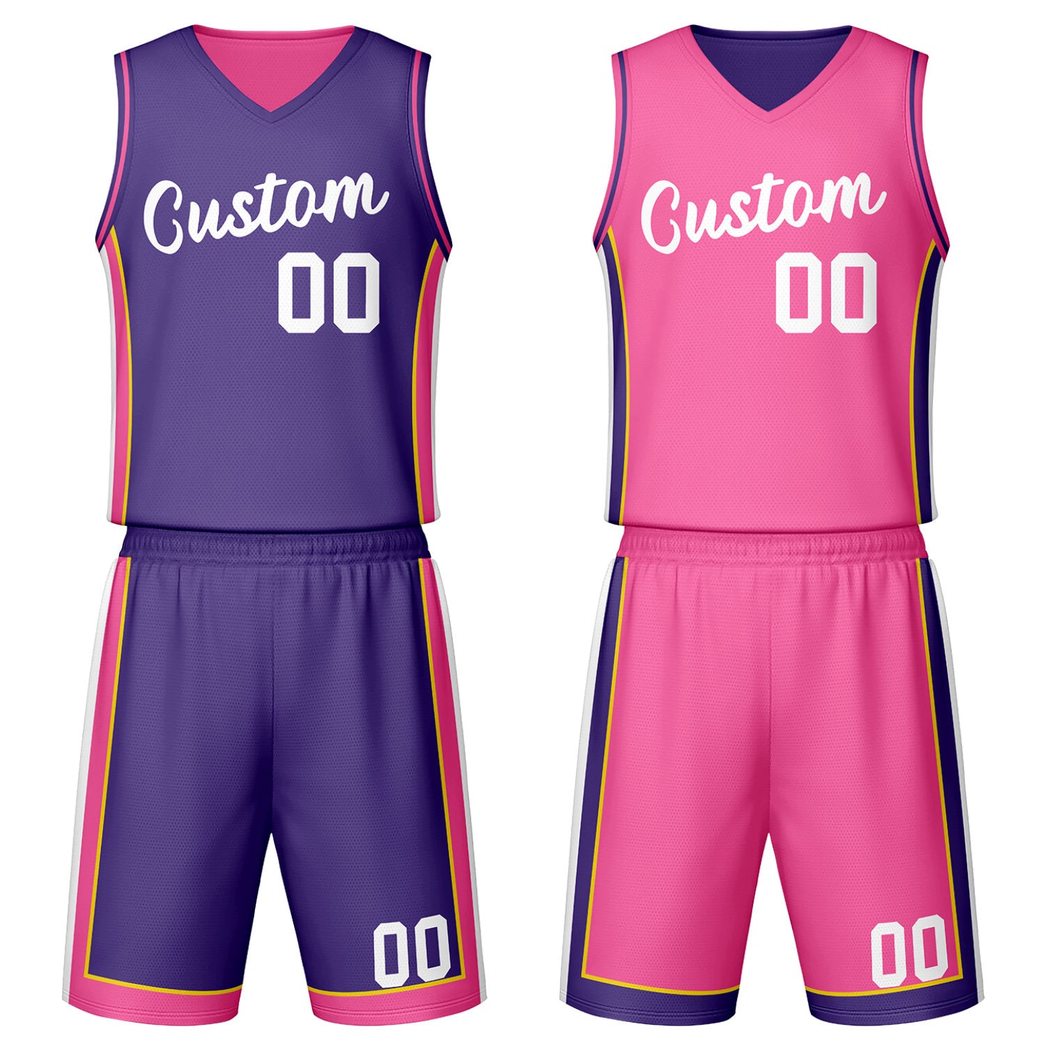 Custom purple & pink reversible basketball jersey set with shorts by Vosoli | Personalized team name, number & logo | Breathable mesh sport jersey uniform