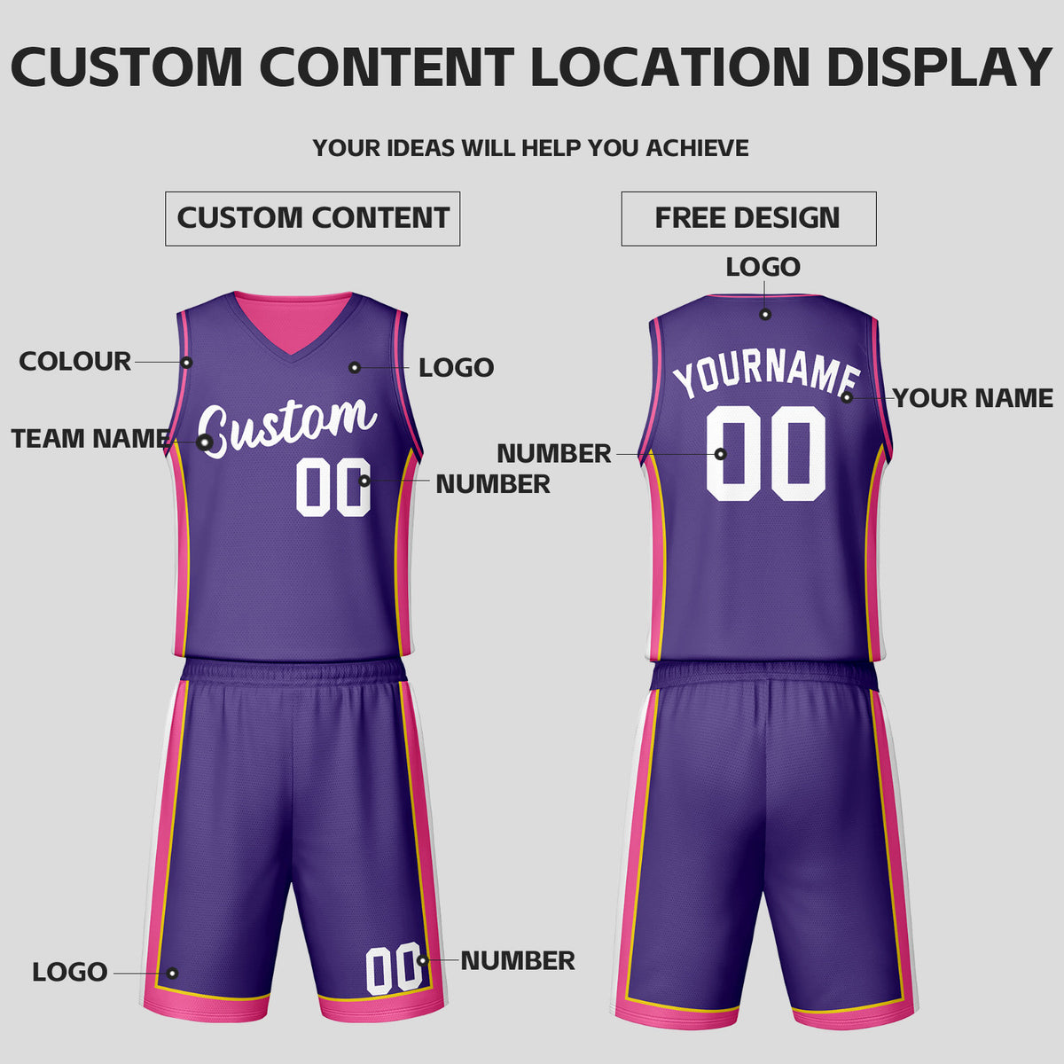 Custom Purple Pink Reversible Basketball Jersey Set | Personalized Name Number Mesh Sports Uniform
