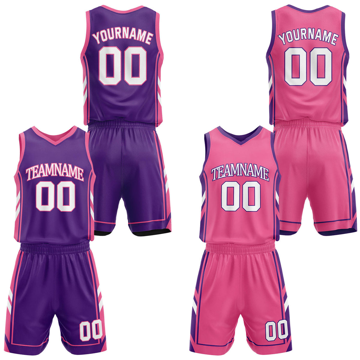 Custom purple &amp; pink reversible basketball uniform set by Vosoli | Personalized team name, number &amp; logo | Breathable mesh jersey and shorts sport set
