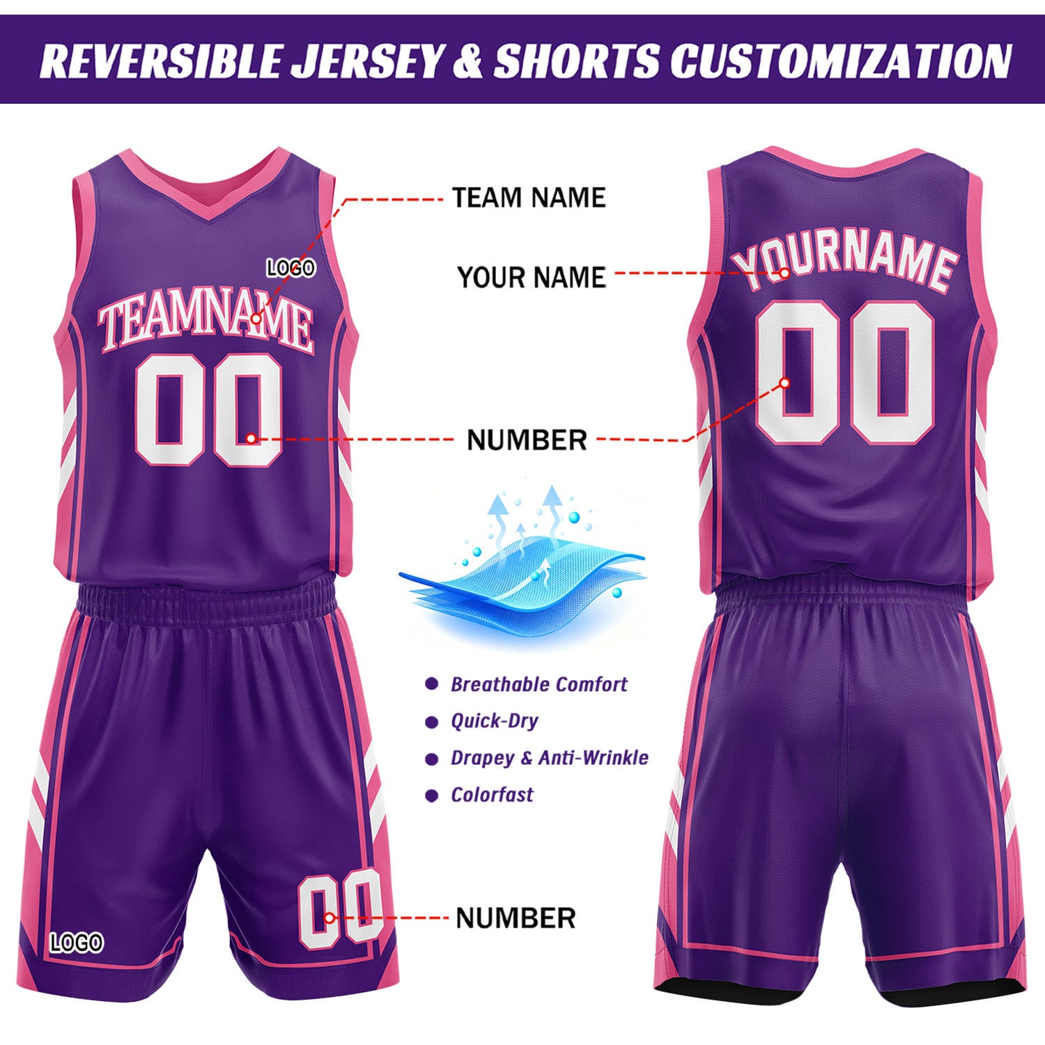Custom Purple & Pink Reversible Basketball Uniform Set | Personalized Name Number Sports Jersey Shorts Kit