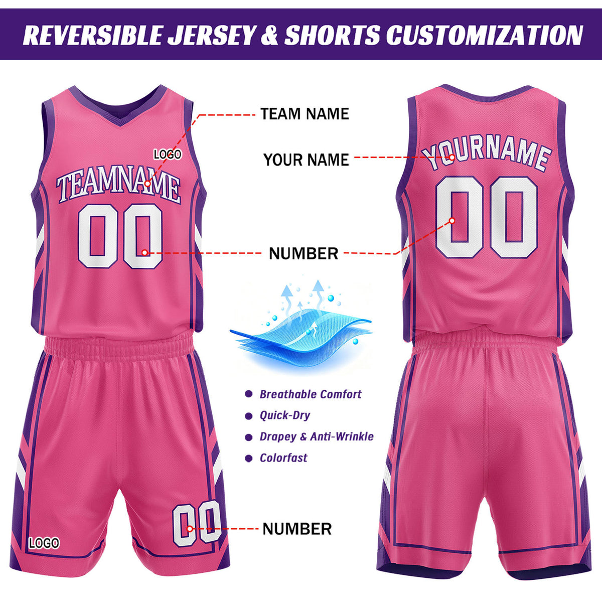 Custom Purple & Pink Reversible Basketball Uniform Set | Personalized Name Number Sports Jersey Shorts Kit