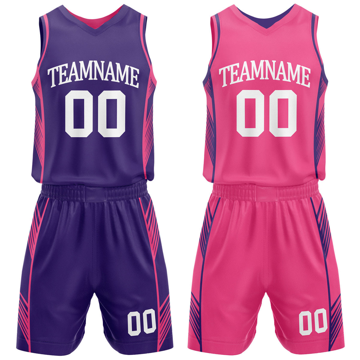 Custom purple and pink reversible basketball uniform by Vosoli. Personalized with team name, number, and logo. Breathable mesh jersey and shorts for high school, college, and AAU teams.