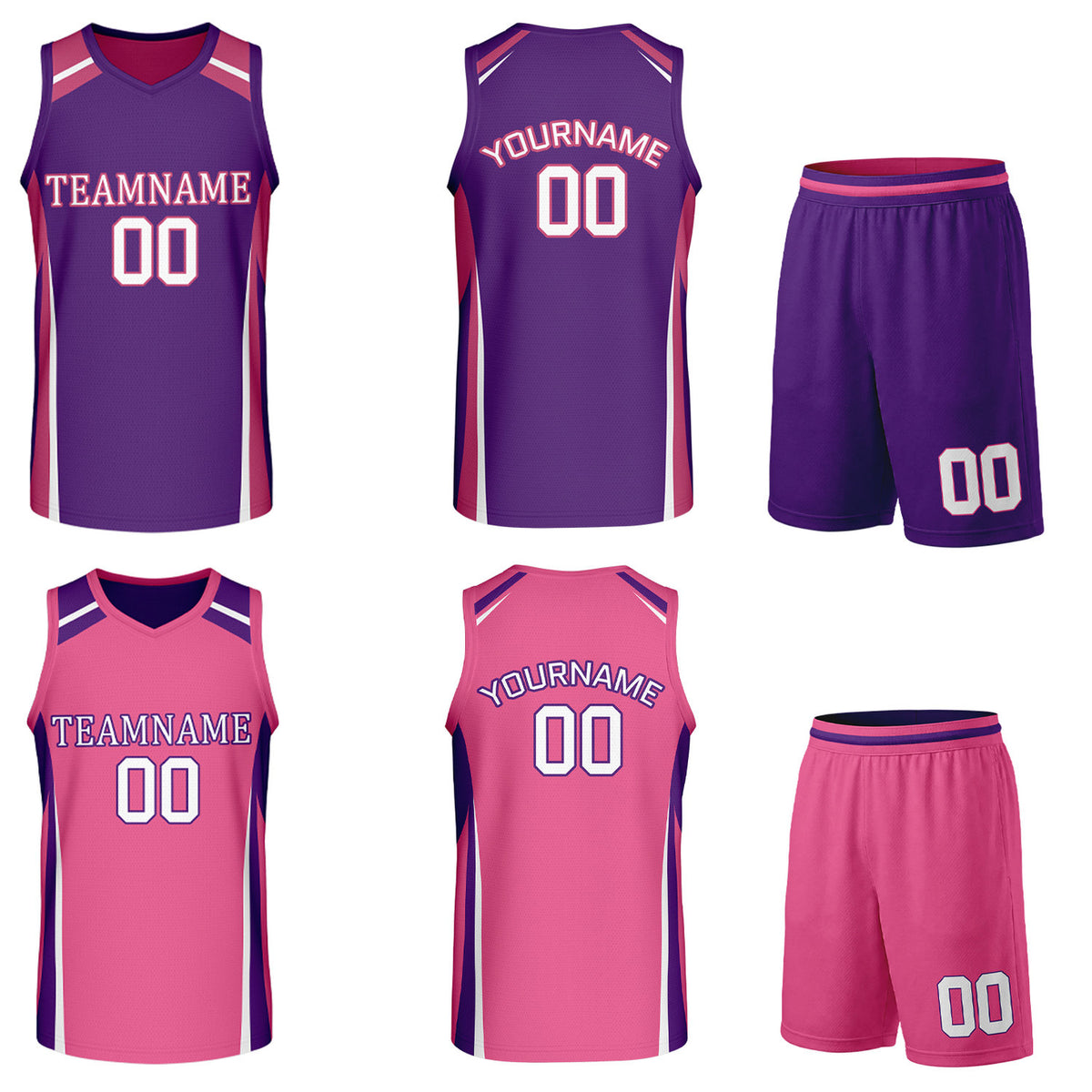 Custom purple and pink reversible basketball uniform by Vosoli. Personalized with team name, number, and logo. Breathable mesh jersey and shorts for high school, college, and AAU teams.