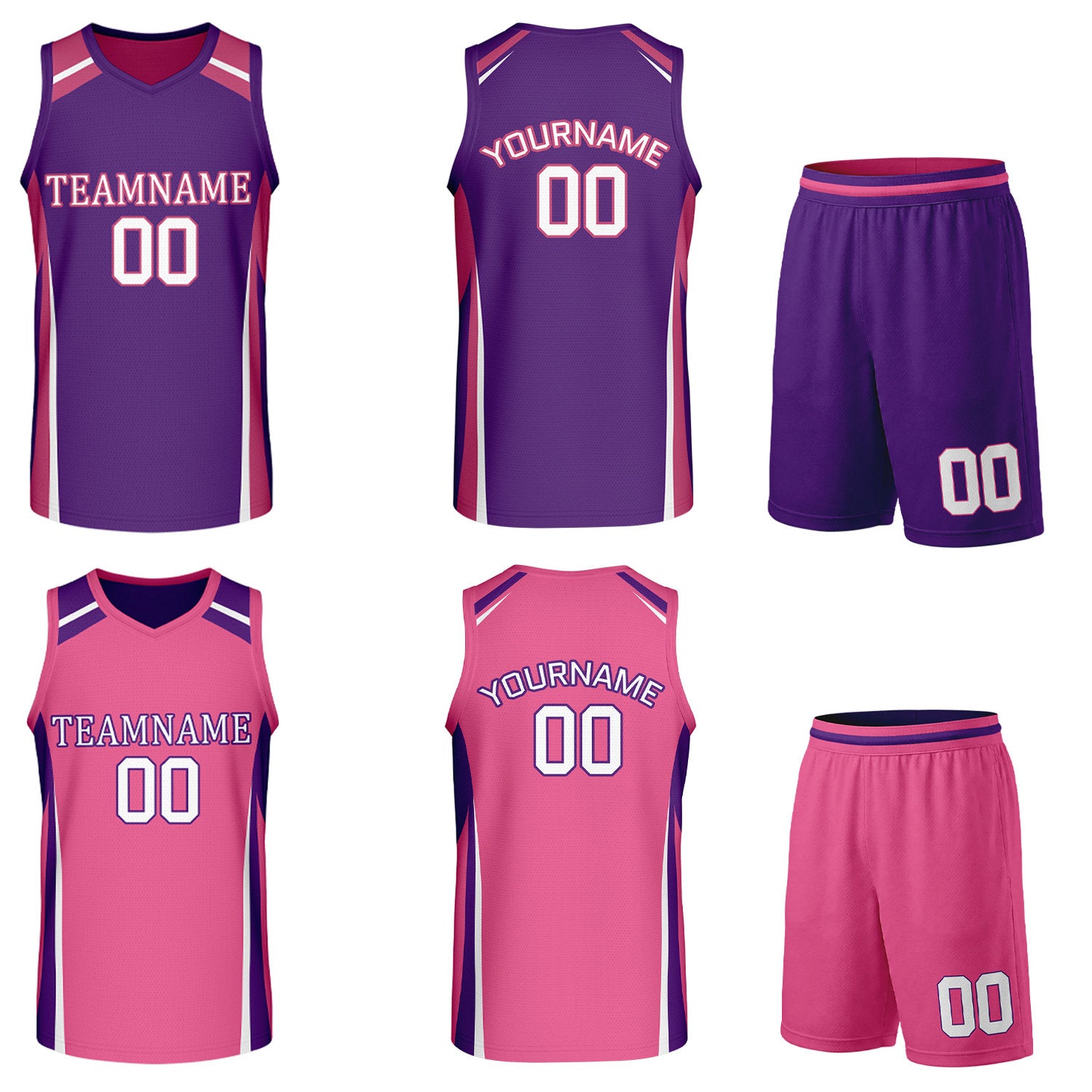 Custom purple and pink reversible basketball uniform by Vosoli. Personalized with team name, number, and logo. Breathable mesh jersey and shorts for high school, college, and AAU teams.