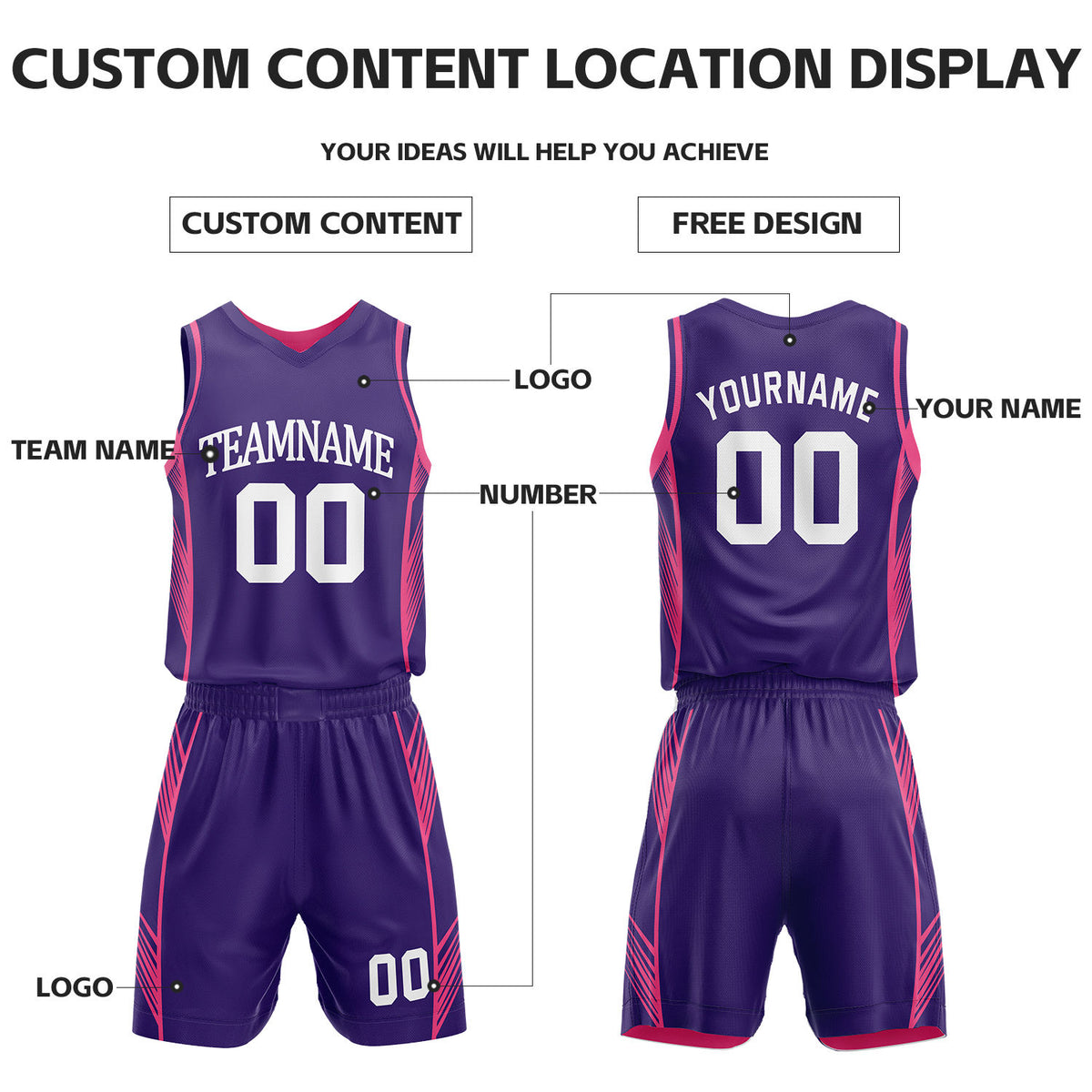 Custom Purple & Pink Reversible Basketball Uniform Set | Personalized Name Number Sports Jersey Shorts Kit
