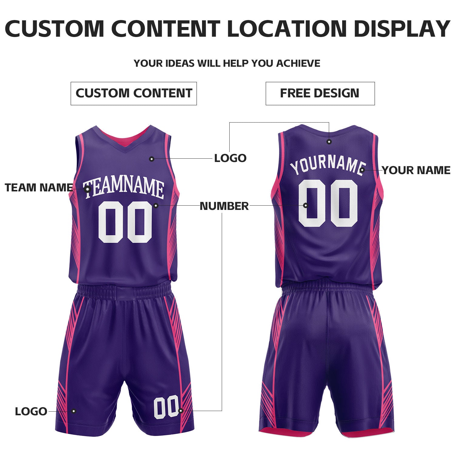 Custom Purple & Pink Reversible Basketball Uniform Set | Personalized Name Number Sports Jersey Shorts Kit
