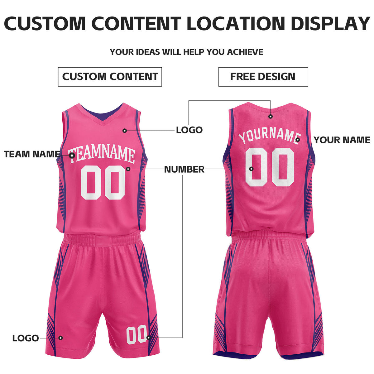 Custom Purple & Pink Reversible Basketball Uniform Set | Personalized Name Number Sports Jersey Shorts Kit