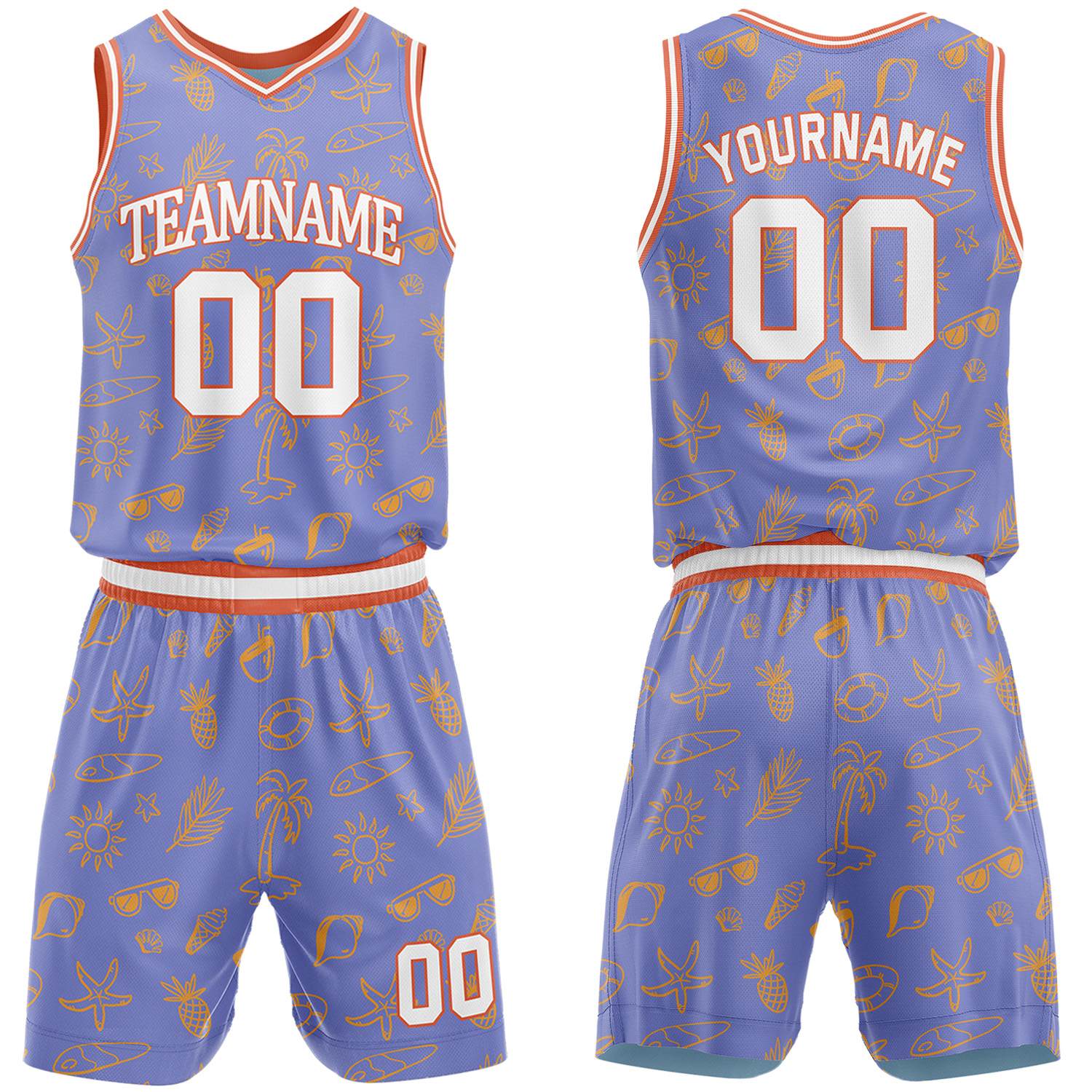 Custom purple summer pattern basketball jersey & shorts set by Vosoli | Personalized team name & number sportswear