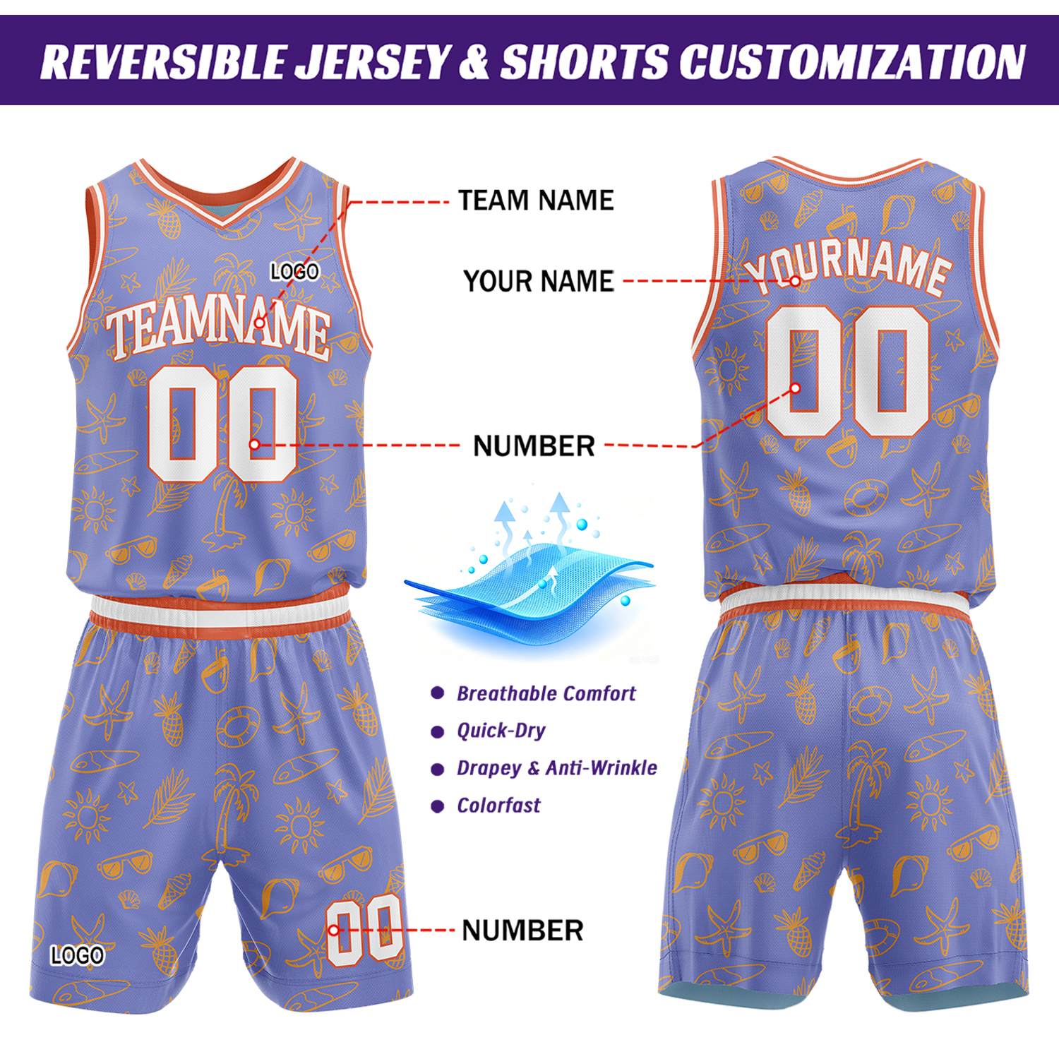 Custom purple summer pattern basketball jersey & shorts set by Vosoli | Personalized team name & number sportswear
