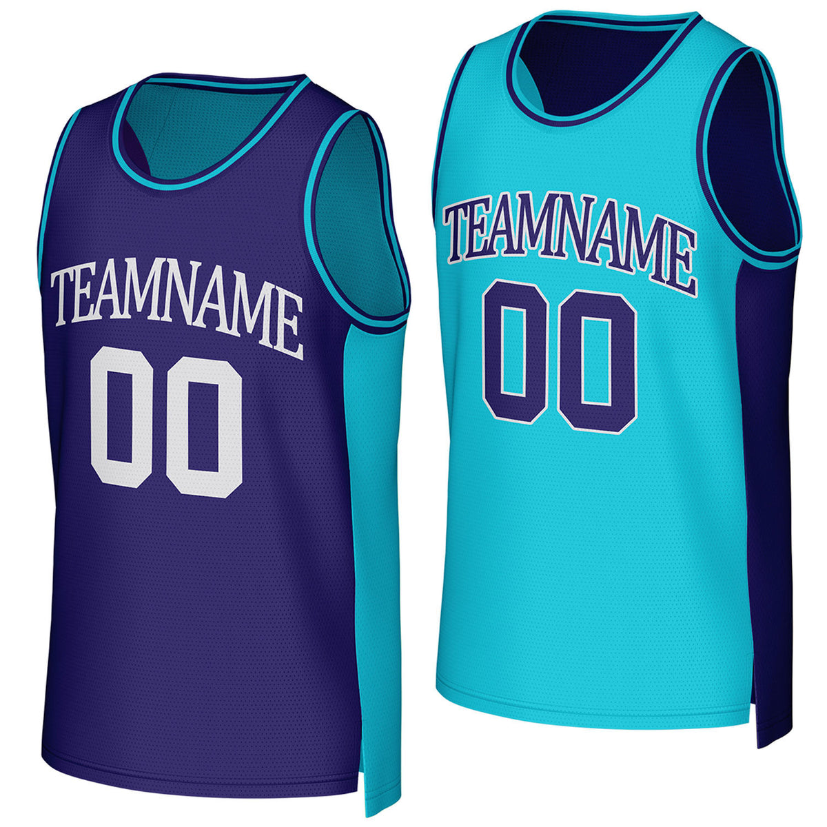 Custom purple & teal reversible basketball jersey by Vosoli. Personalized with team name, player name, number, and logo on both sides. Breathable mesh 2-in-1 jersey for high school, college, AAU teams.