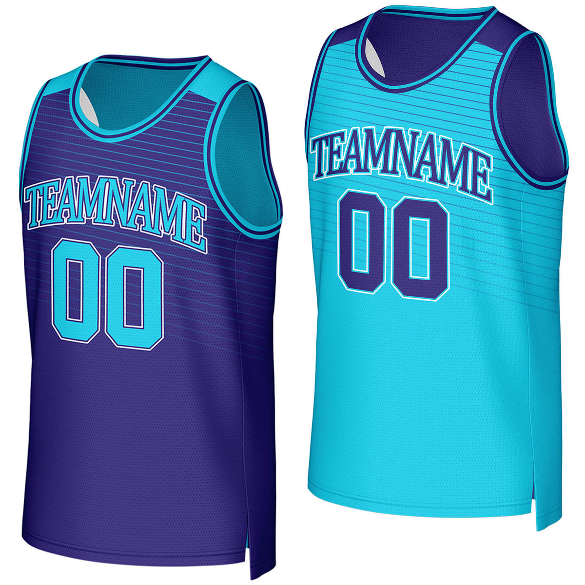 Custom purple & teal reversible basketball jersey by Vosoli. Personalized with team name, player name, number, and logo on both sides. Breathable mesh 2-in-1 jersey for high school, college, AAU teams.