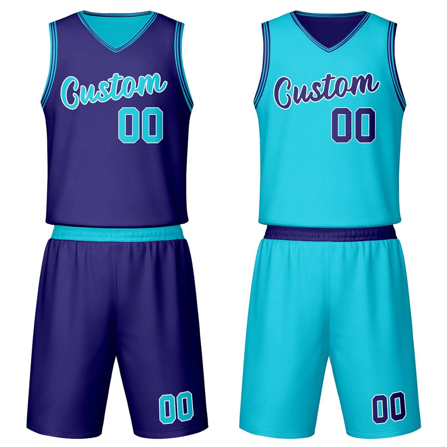 Custom purple & teal reversible basketball jersey set with shorts by Vosoli | Personalized team name, number & logo | Breathable mesh sport jersey uniform