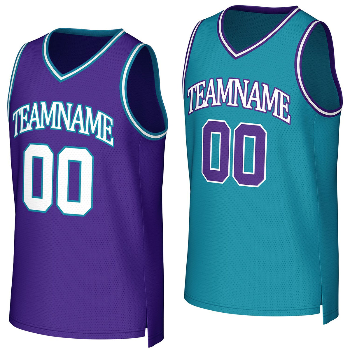 Custom purple &amp; teal reversible basketball jersey by Vosoli | Personalized team name &amp; number sportswear