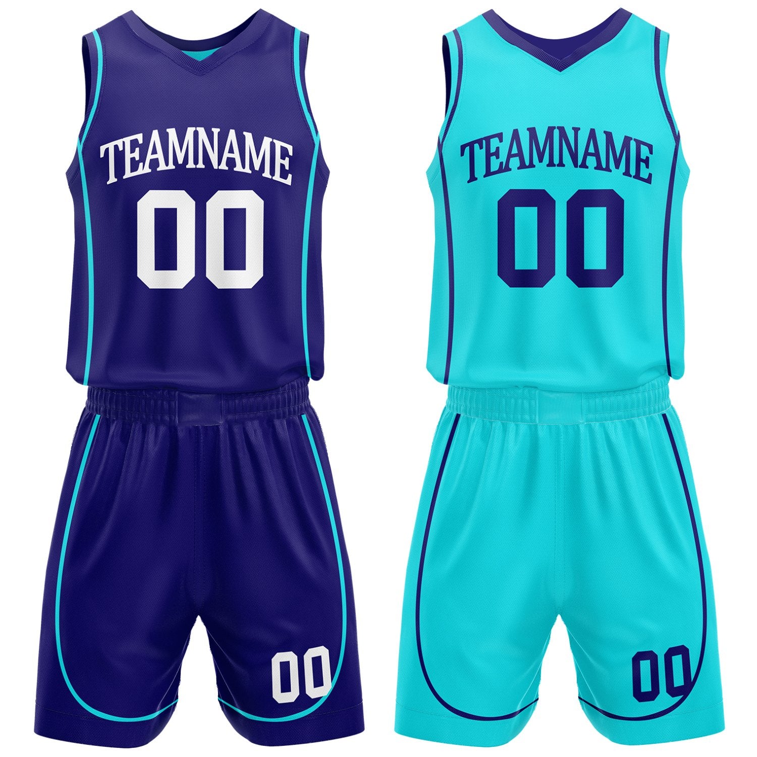 Custom purple and teal reversible basketball uniform by Vosoli. Personalized with team name, number, and logo. Breathable mesh jersey and shorts for high school, college, AAU teams.