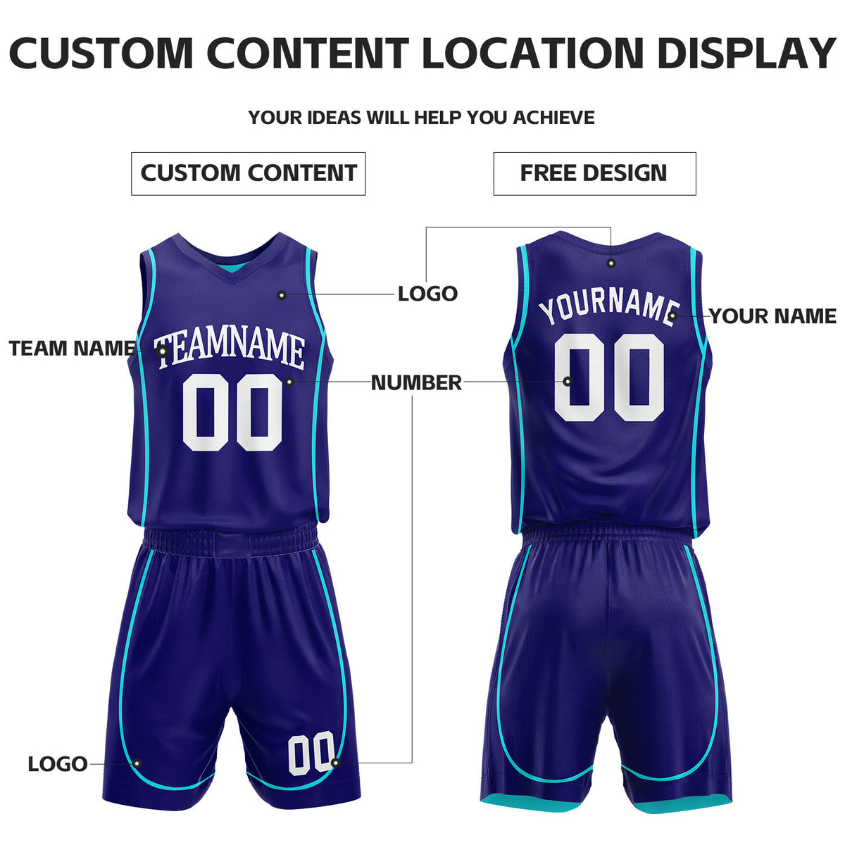Custom Purple & Teal Reversible Basketball Uniform Set | Personalized Name Number Sports Jersey Shorts Kit