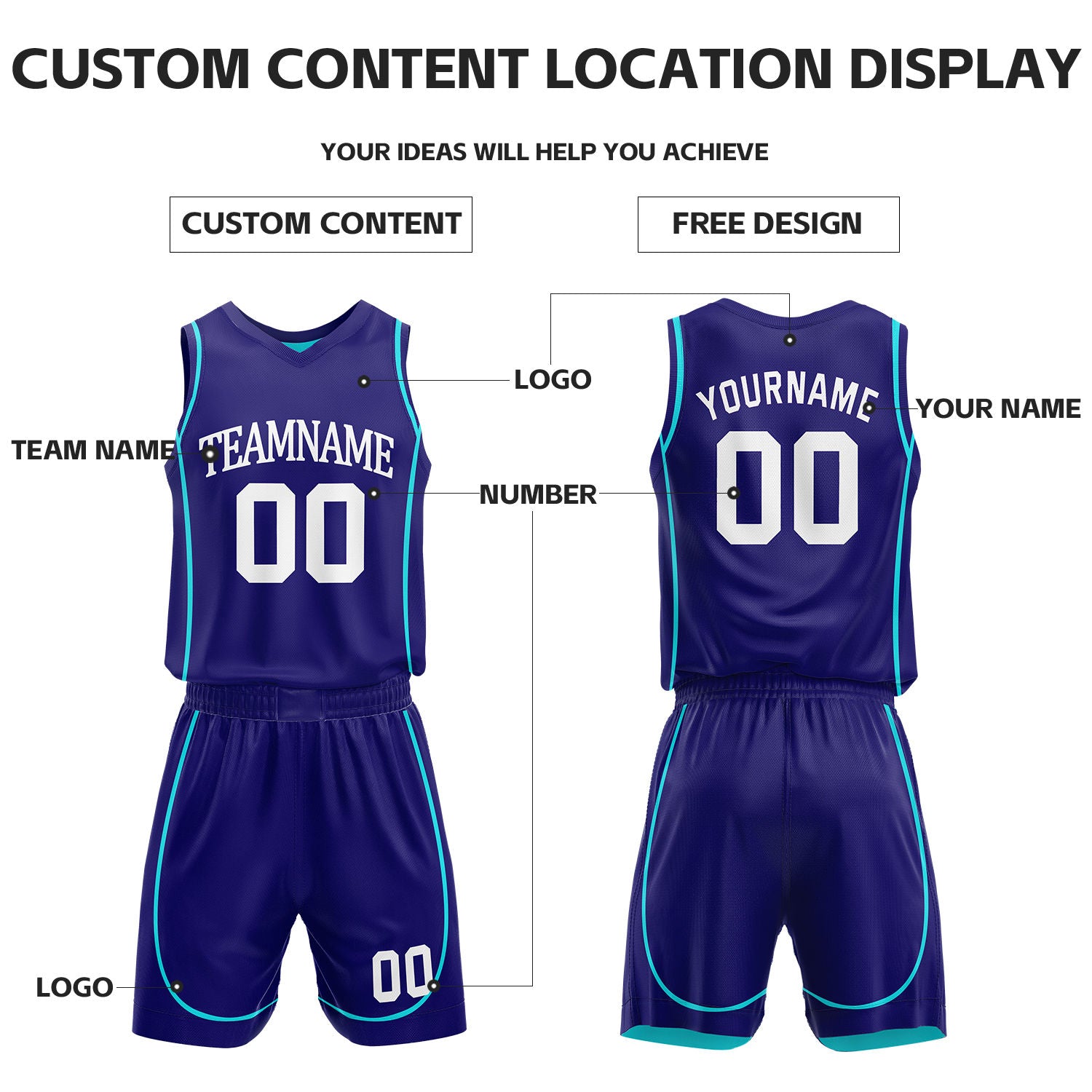 Custom Purple & Teal Reversible Basketball Uniform Set | Personalized Name Number Sports Jersey Shorts Kit